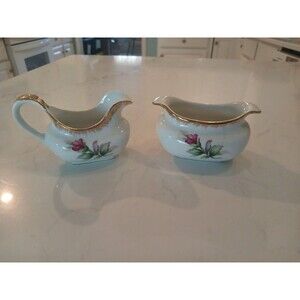Vintage Lefton China Sugar Bowl & Creamer Hand Painted Gold Trim Tea Rose